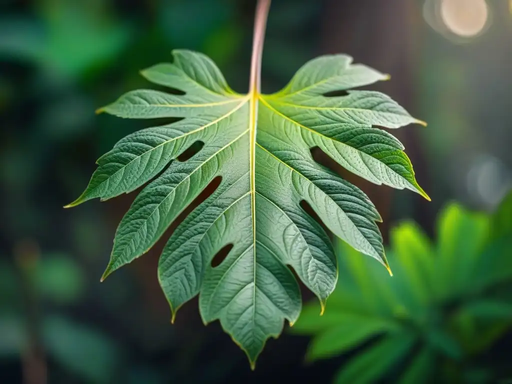 Detalle fascinante de una hoja verde en un bosque de Uruguay