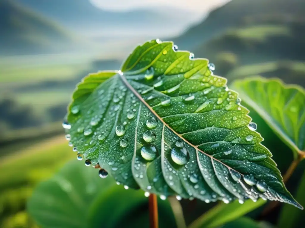 Detalle fascinante de hoja verde con gotas de rocío en el exuberante campo uruguayo, reflejando la belleza natural de Uruguay