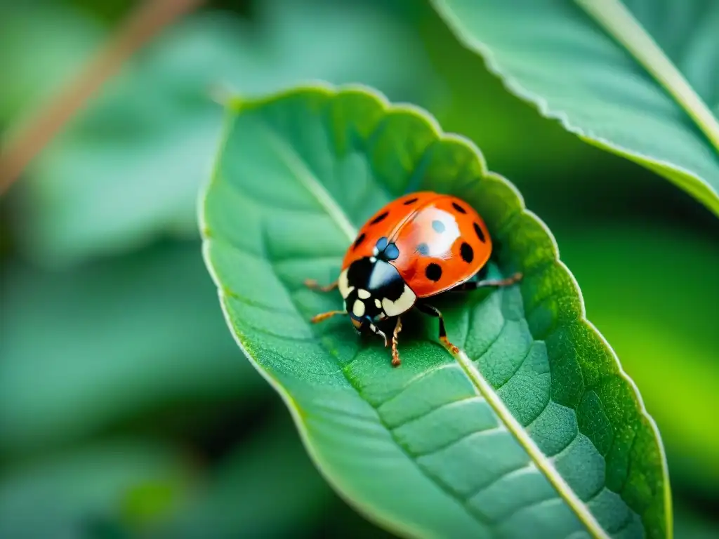 Detalle fascinante de una mariquita roja y negra en una hoja verde exuberante