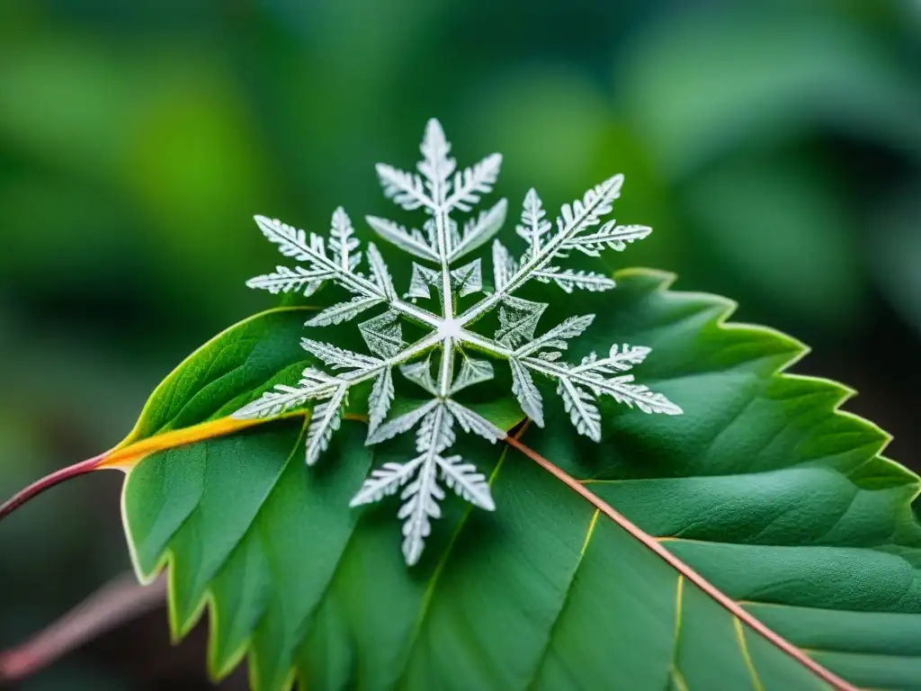 Detalle de una frágil copo de nieve sobre hoja verde en invierno en Uruguay, destacando la adaptación flora y fauna Uruguay