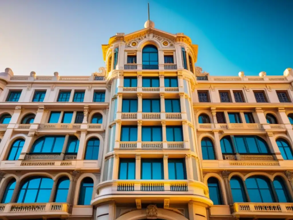 Detalle geométrico y elegante de la Arquitectura Art Deco en Montevideo, resaltando el Palacio Salvo al sol