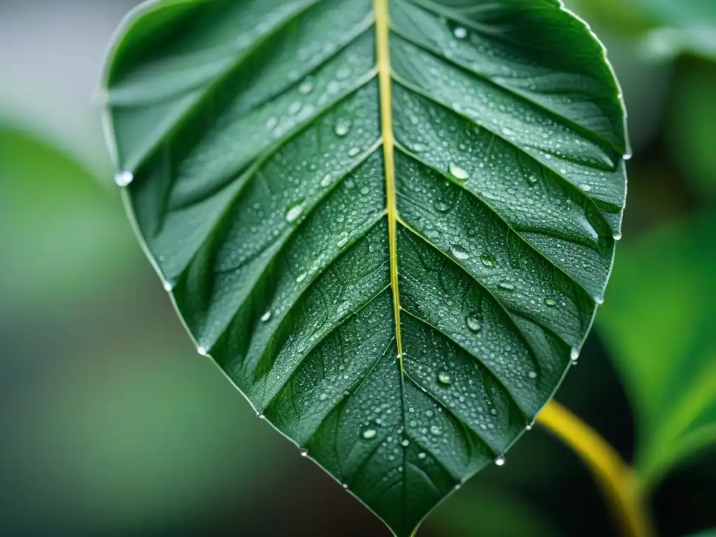 Detalle de una hoja verde vibrante con patrones intrincados y gotas de rocío, reflejando la belleza de la flora única de Uruguay