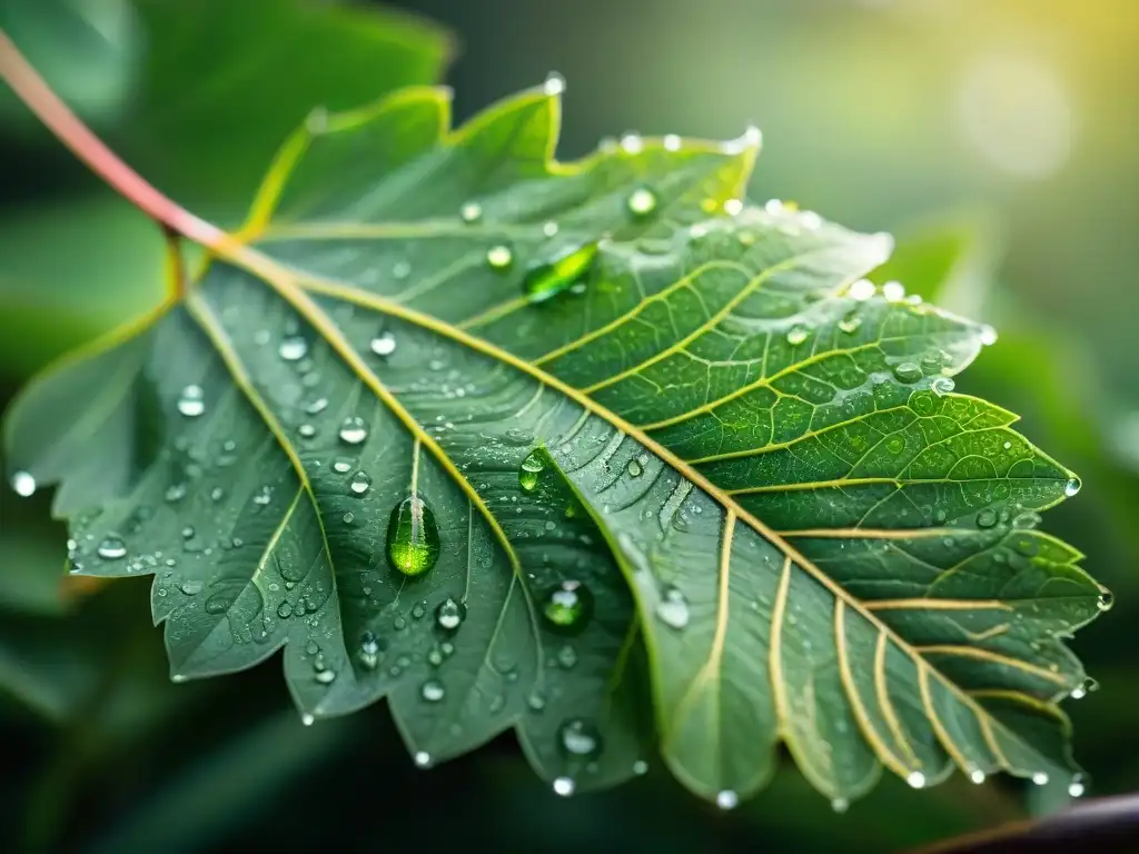 Detalle de una hoja verde vibrante con patrones y gotas de agua, reflejando la belleza natural de Uruguay