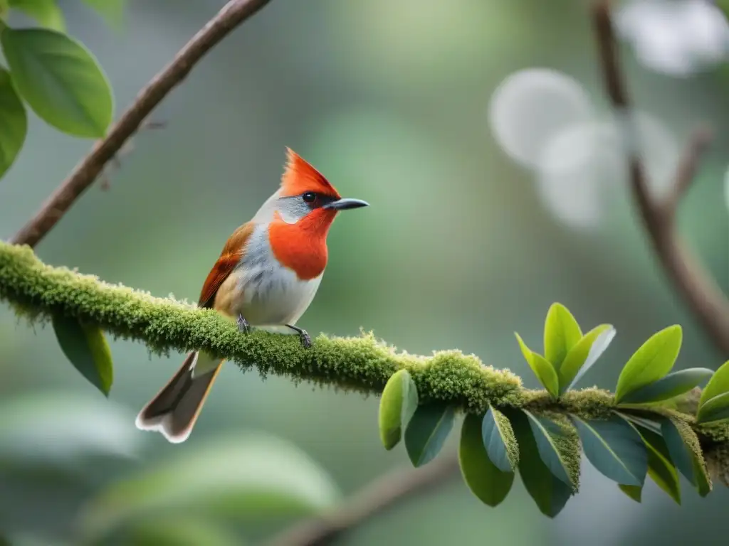 Detalle de un Hornero Rufous rojo y blanco en rama, destacando sus ojos rojos brillantes