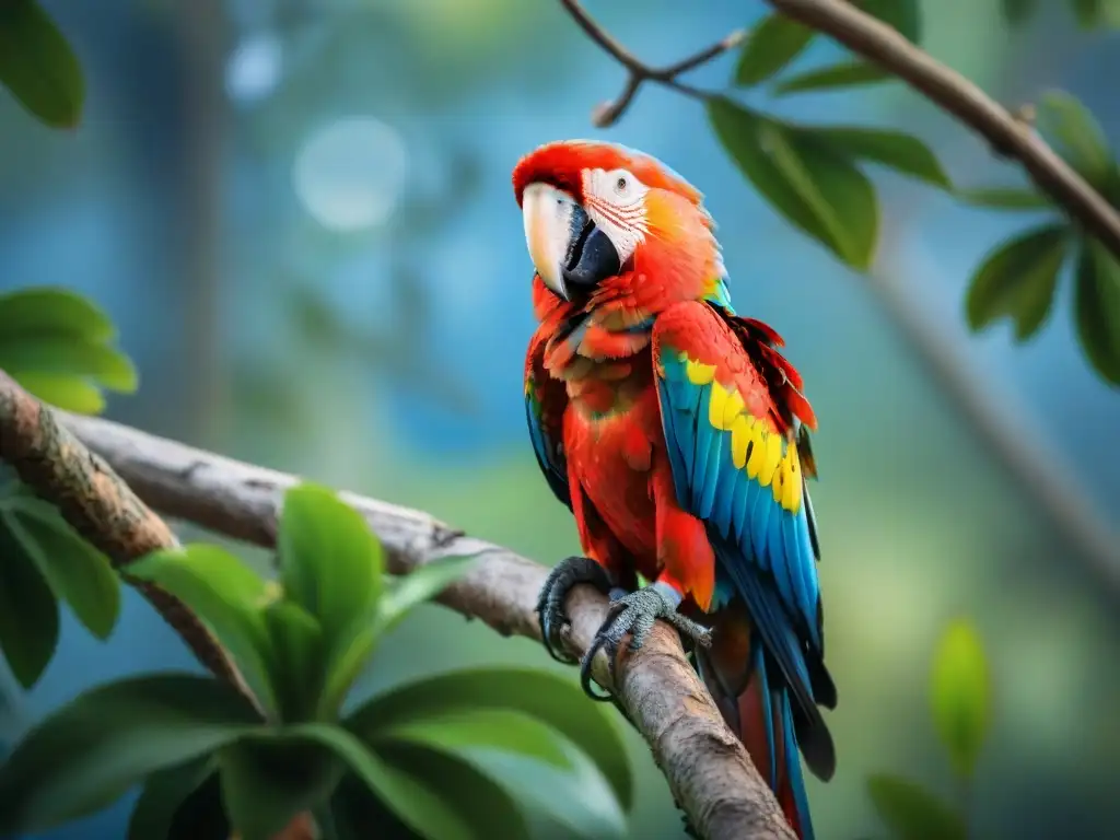 Detalle impactante de Guacamayo Escarlata en rama, plumaje vibrante con matices rojos, amarillos y azules