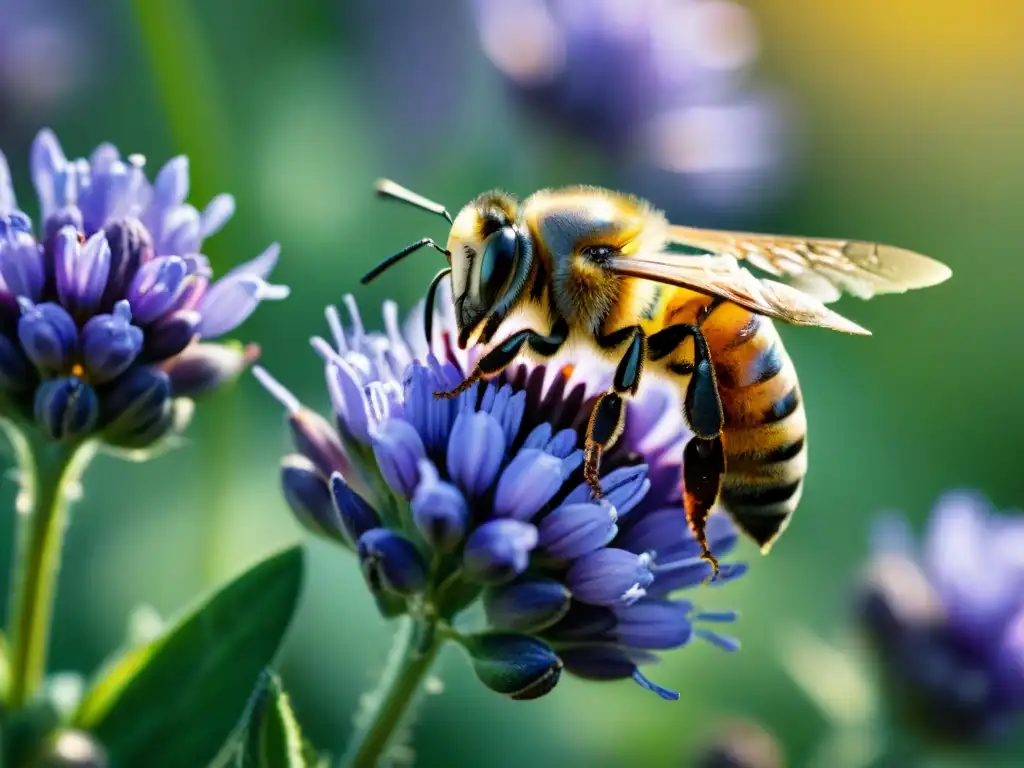 Detalle impresionante de una abeja recolectando néctar de una flor de lavanda, resaltando la apicultura en Uruguay