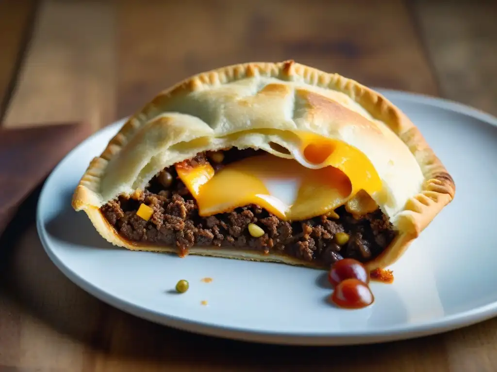 Detalle impresionante de una empanada uruguaya recién horneada con sabores auténticos