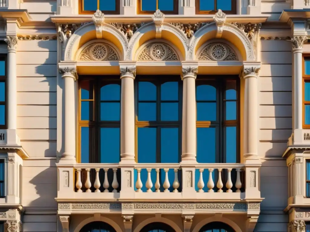 Detalle impresionante de la fachada del Palacio Salvo en Montevideo, mostrando la elegancia y grandiosidad de la arquitectura histórica en Uruguay