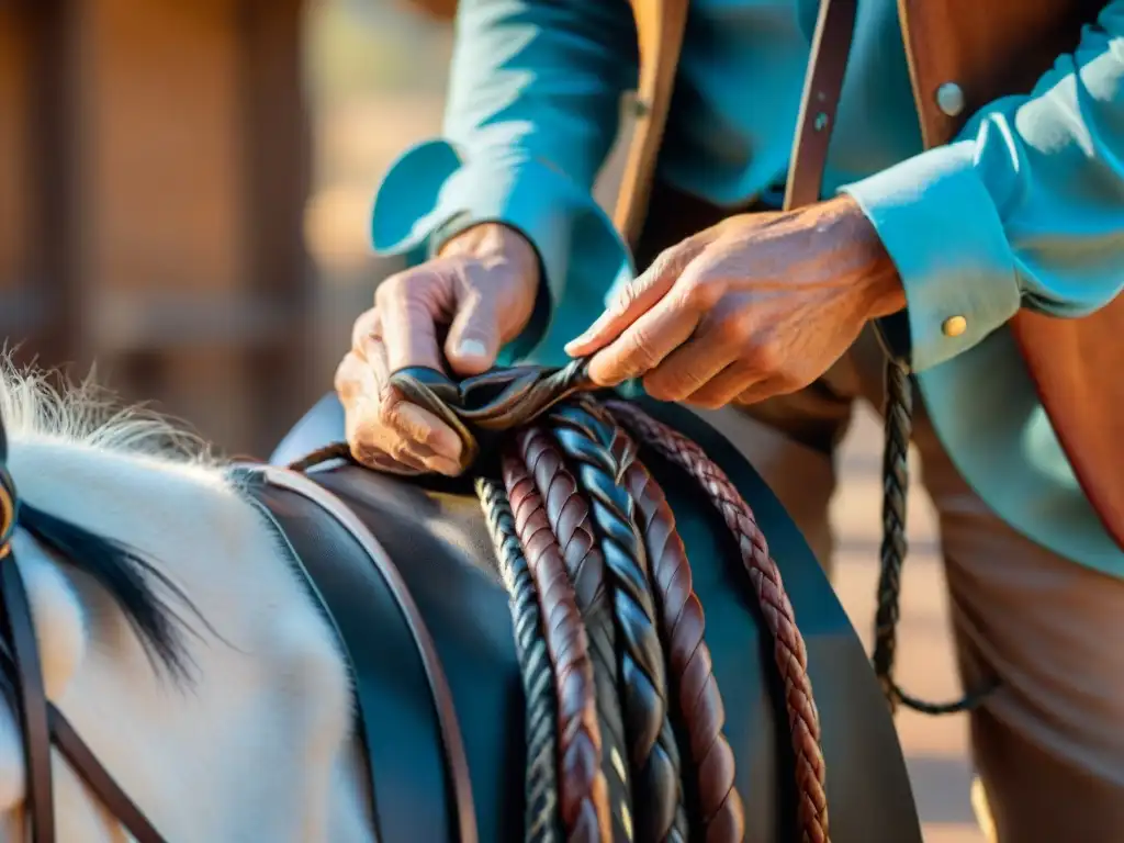 Detalle impresionante de un gaucho trenzando riendas de cuero en la Semana Criolla Tradición Gaucha Prado, con manos curtidas y textura rústica