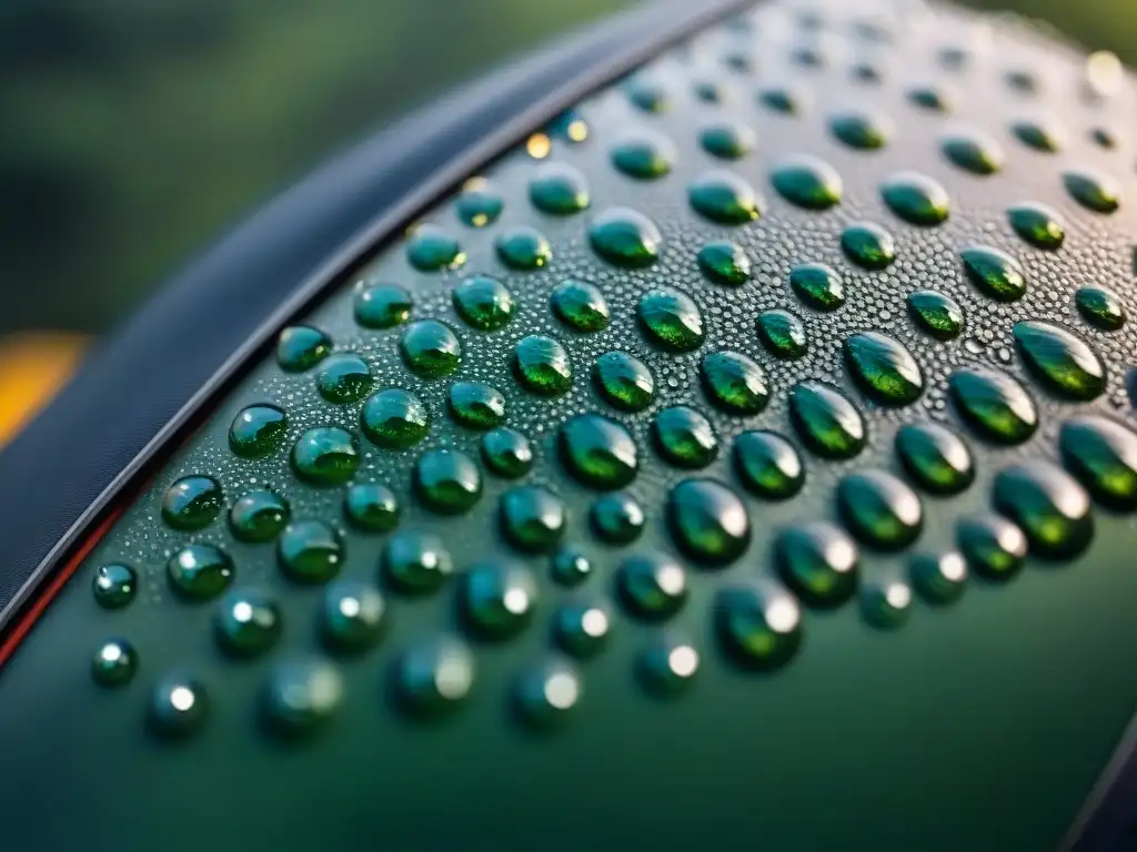 Detalle impresionante de gotas de lluvia en chaqueta impermeable verde oscuro, mostrando su resistencia al agua