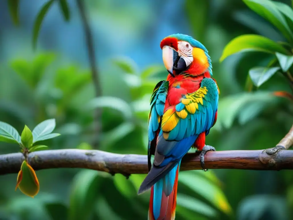 Detalle impresionante de un Guacamayo Escarlata en rama, destacando sus plumas rojas, amarillas y azules