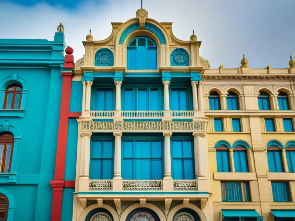 Detalle impresionante del Palacio Salvo en Montevideo, mostrando su fachada ornamental única