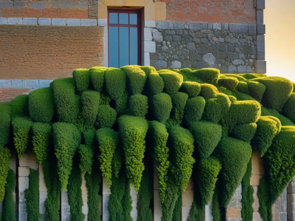 Detalle impresionante del patrimonio arquitectónico de Colonia del Sacramento: textura de la piedra, musgo y luz al atardecer