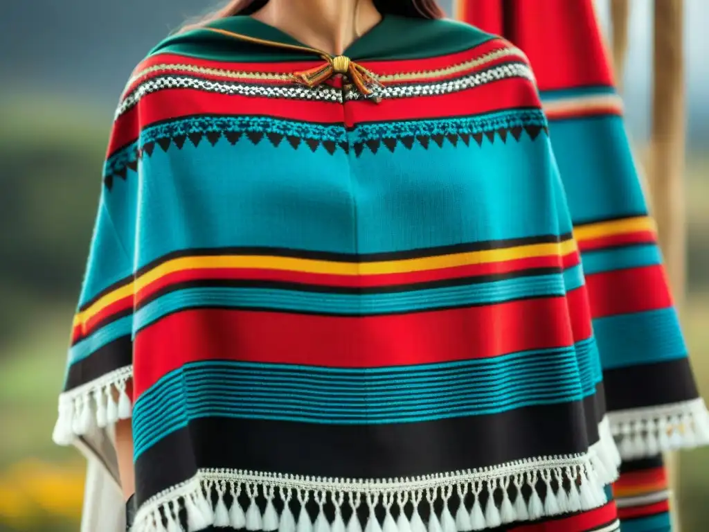 Detalle impresionante de un poncho uruguayo tradicional, resaltando colores vibrantes y artesanía experta