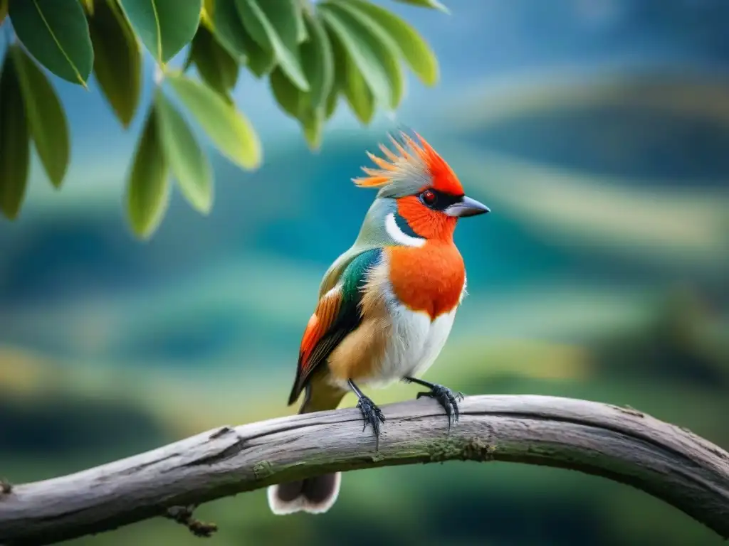 Detalle increíble del hornero, ave nacional Uruguay, posado en rama con plumaje vibrante y ojos rojos, en campo uruguayo