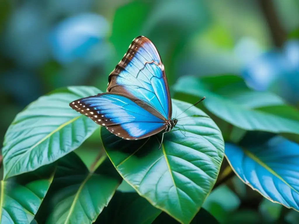 Detalle increíble de una mariposa Morpho azul en el bosque tropical de Uruguay