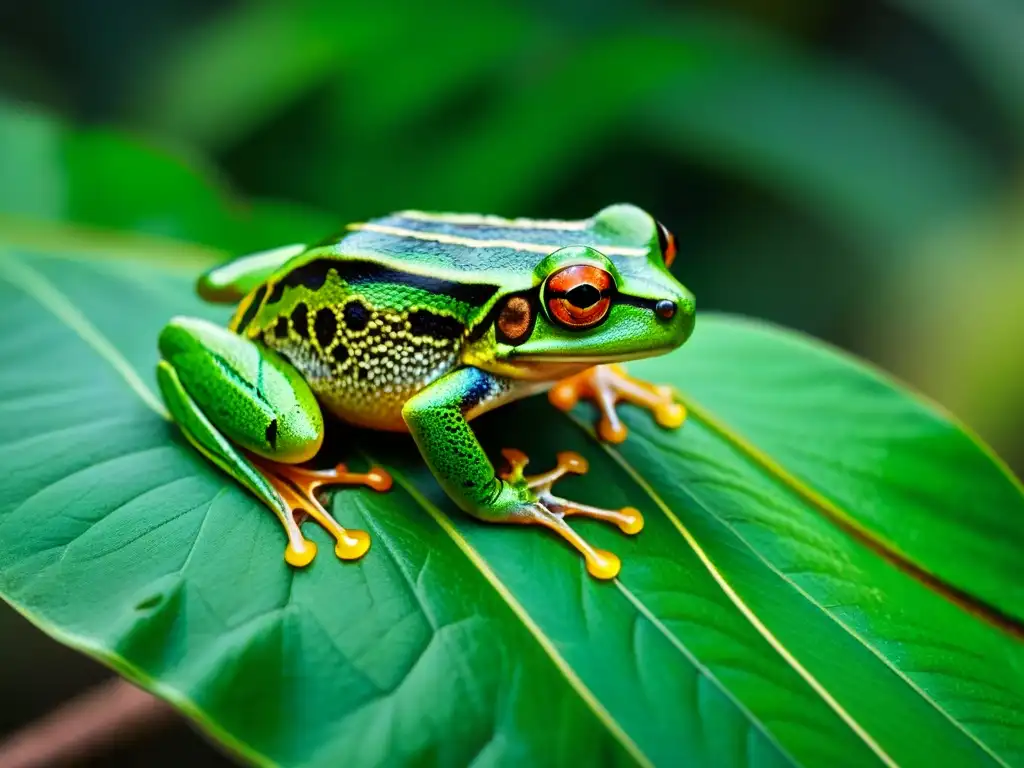 Detalle increíble de una rana verde en la exuberante selva de Uruguay, resaltando la importancia de la conservación de la fauna en el hogar