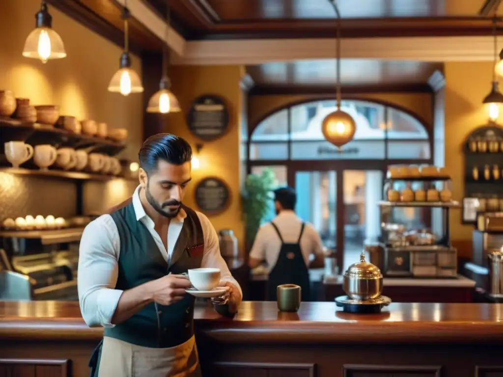 Detalle íntimo de un histórico café en Uruguay con muebles antiguos, tazas vintage y barista preparando espresso