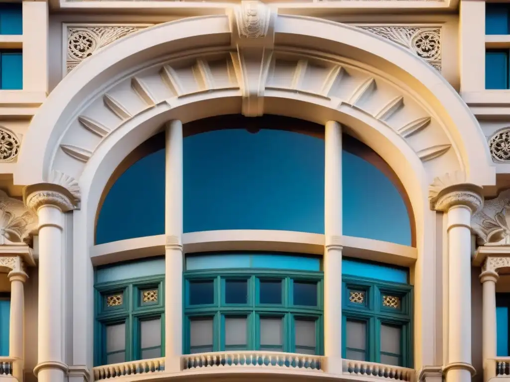 Detalle intrincado del Patrimonio arquitectónico Uruguay: fachada del histórico Palacio Salvo resaltando elementos Art Deco