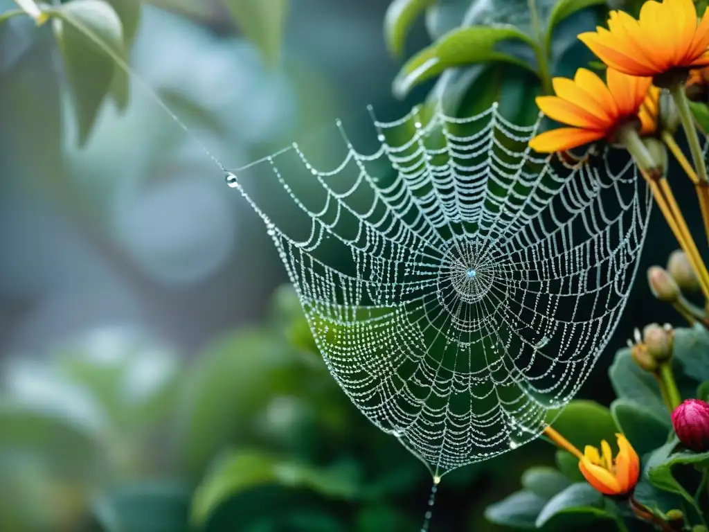 Detalle mágico de una telaraña entre flores coloridas en jardines de Uruguay, capturando la esencia de la macrofotografía