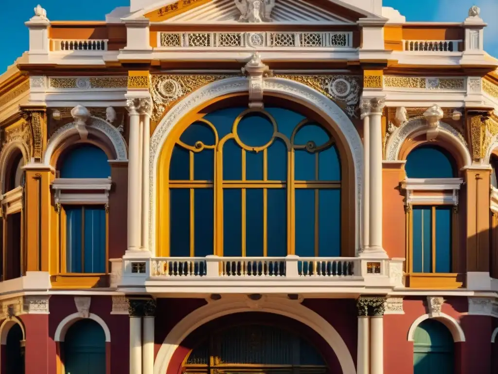 Detalle majestuoso del Teatro Solís en Montevideo durante una visita guiada, iluminado por cálida luz solar