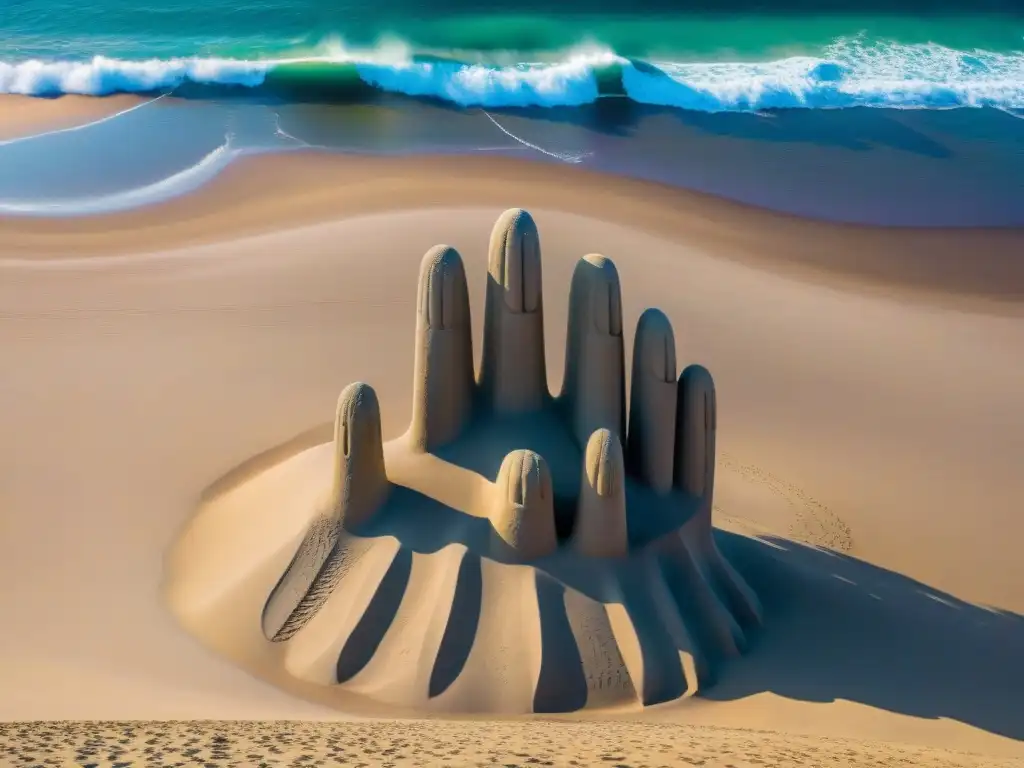 Detalle de la icónica escultura 'La Mano' emergiendo de la arena en Playa Brava, Punta del Este, Uruguay, fusionando arte urbano y naturaleza