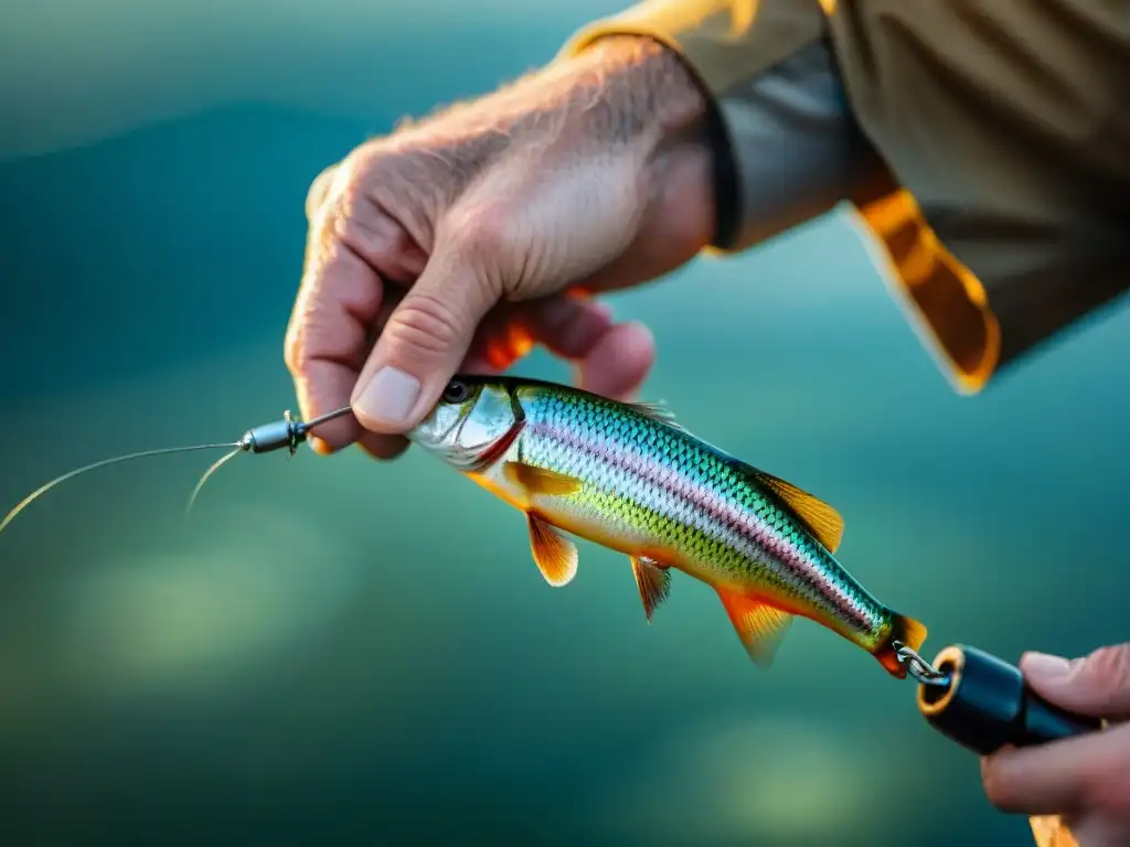 Detalle de manos de pescador atando señuelo, capturando la belleza y destreza en la fotografía pesca deportiva