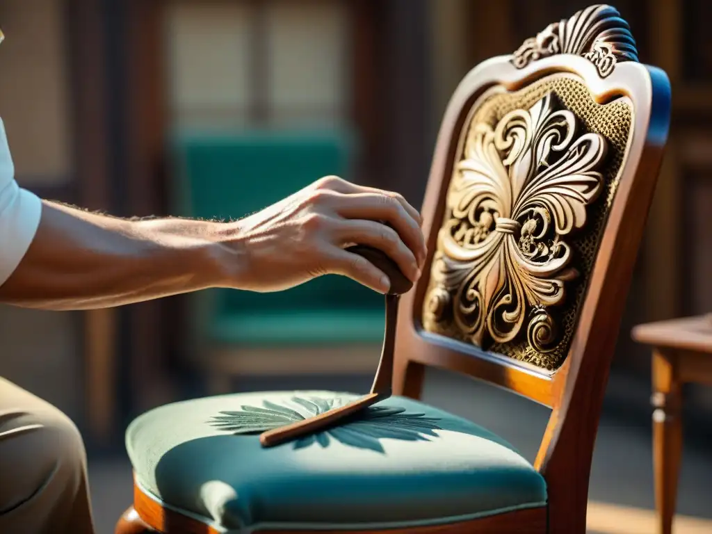 Detalle de manos restaurando tallados en silla vintage, resaltando la artesanía y la historia de la restauración de muebles uruguayos