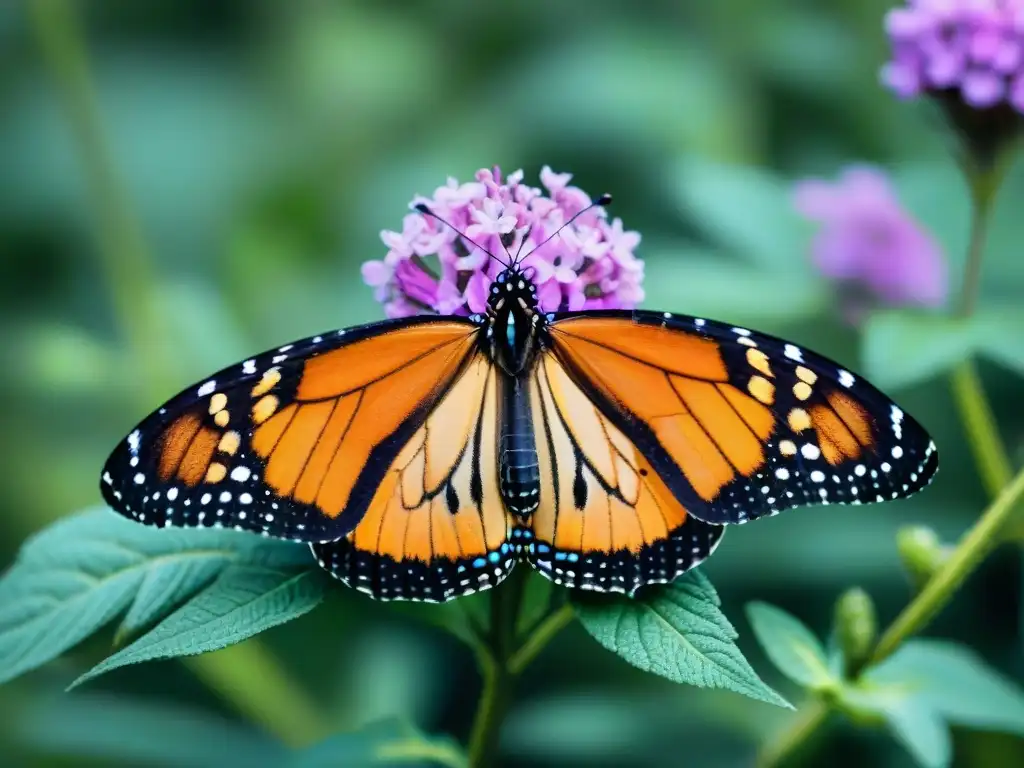 Detalle de mariposa Monarca polinizando una verbena púrpura en Uruguay, mostrando la importancia de las mariposas en el país