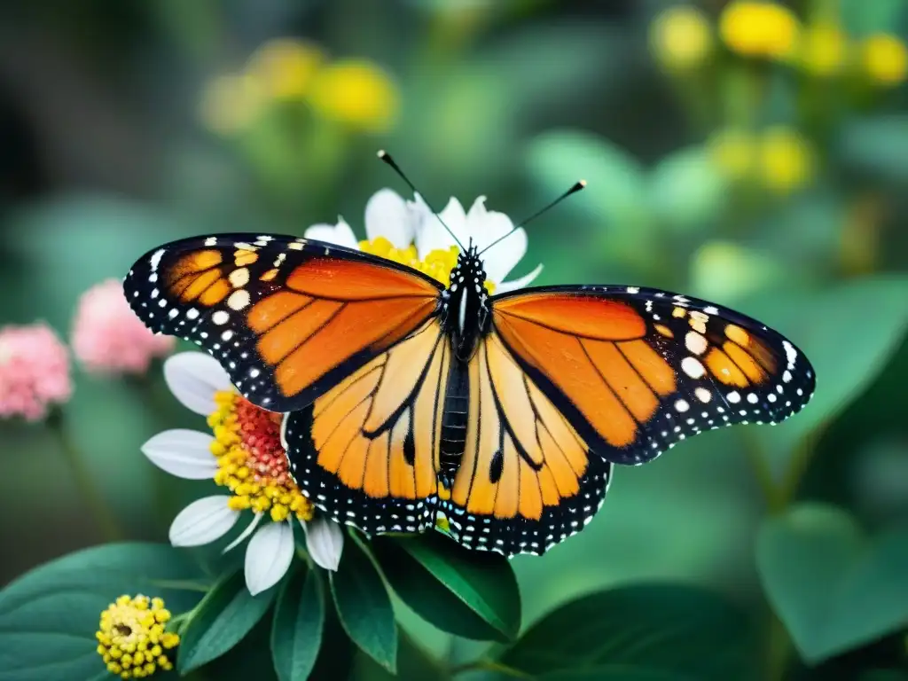 Detalle de una mariposa Monarca vibrante polinizando flores nativas uruguayas, destacando la importancia de las mariposas en Uruguay