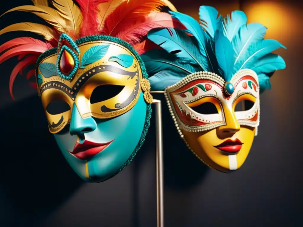 Detalle de máscaras de carnaval uruguayo en un museo, resaltando colores y patrones