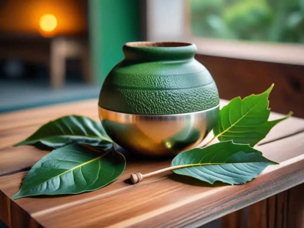 Detalle de un mate uruguayo lleno de yerba mate en una mesa rústica de madera con bombilla de plata