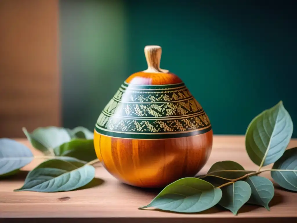 Detalle del mate uruguayo rebosante de yerba, resaltando sus patrones e historia