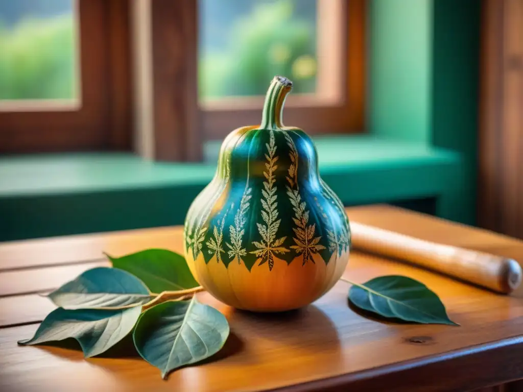 Detalle de mate uruguayo tradicional lleno de yerba mate en una mesa de madera rústica, iluminado por el sol