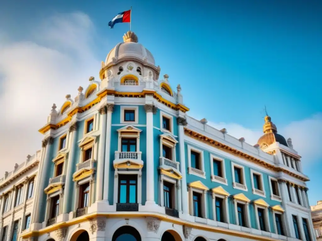 Detalle neoclásico del Palacio Salvo en Montevideo, resaltando su arquitectura ornamental