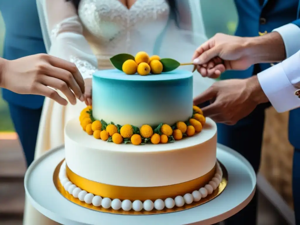 Detalle de pastel de boda uruguayo cortado por novios, unión y amor