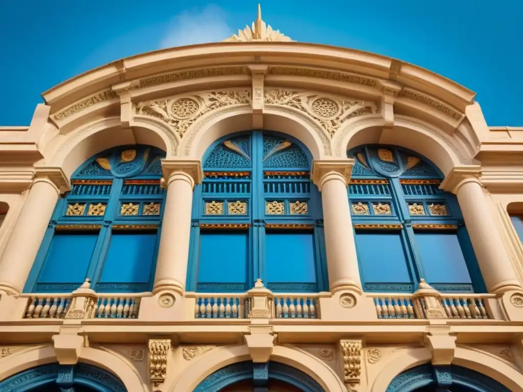 Detalle del Patrimonio Cultural de Uruguay: fachada ornamentada del icónico Palacio Salvo en Montevideo