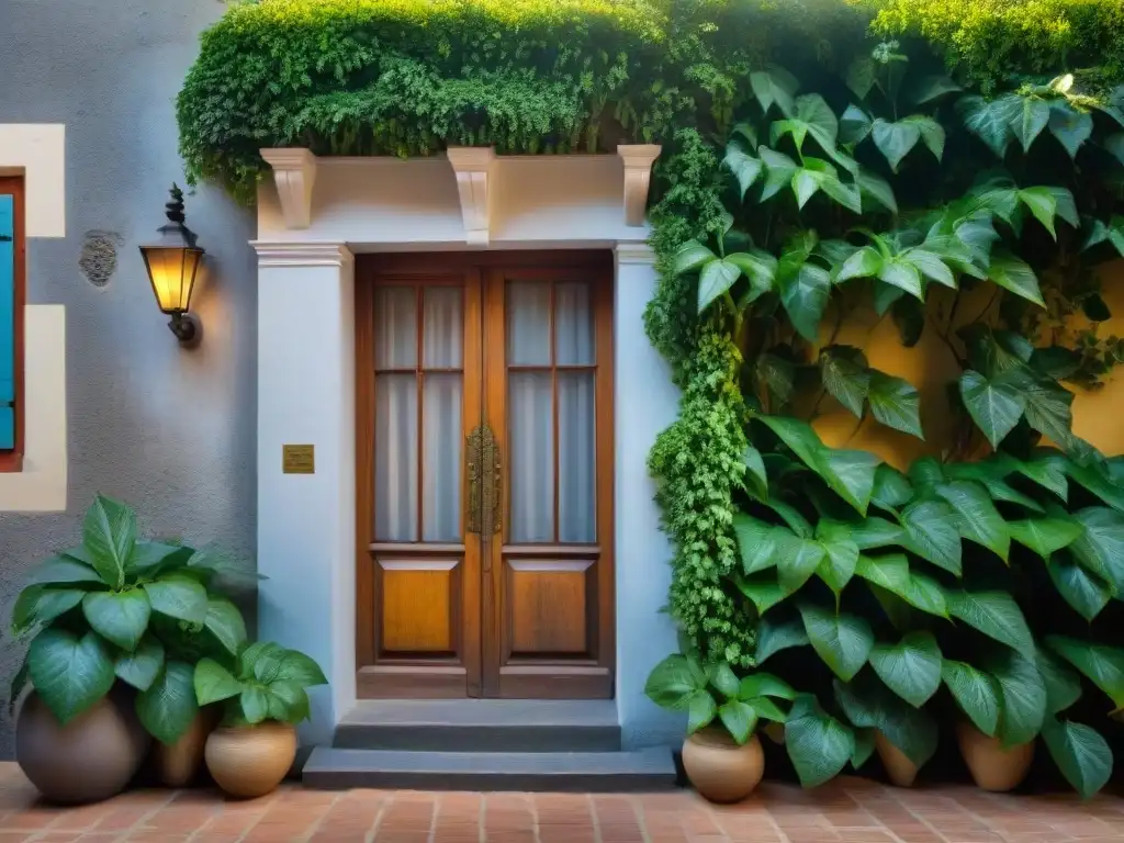 Detalle de una puerta colonial en Uruguay: madera, detalles tallados, piedra antigua, hiedra y luz solar