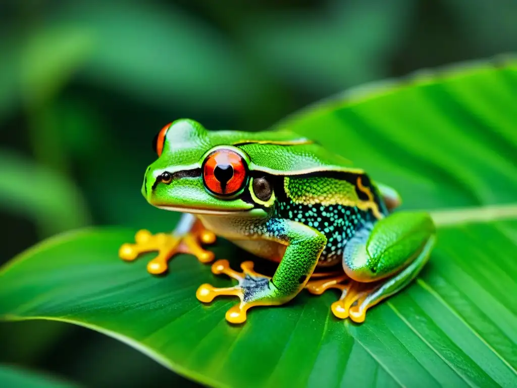 Detalle de una rana arbórea verde en la exuberante selva de Uruguay