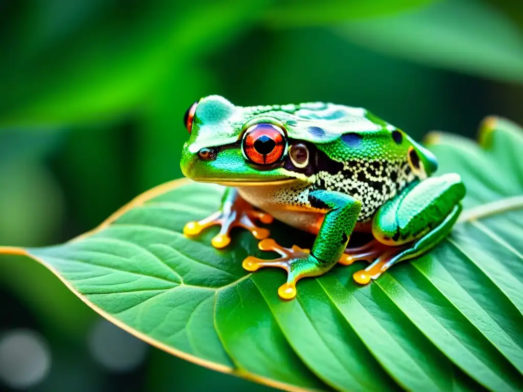 Detalle de una rana arbórea verde sobre una hoja en la exuberante selva de Uruguay