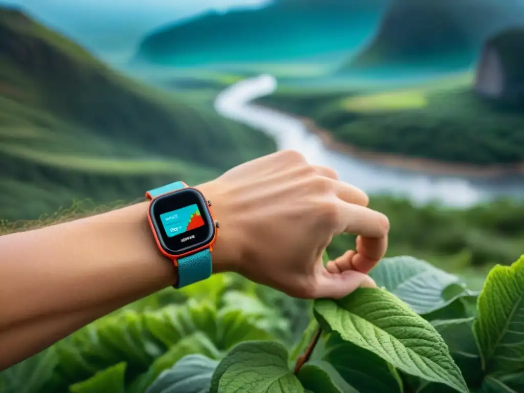 Explora Uruguay: Smartwatch muestra datos de aventura Detalle de reloj inteligente mostrando mapa de Uruguay, datos de aventura en la naturaleza exuberante
