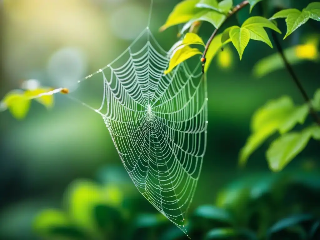 Detalle de telaraña con rocío entre hojas verdes en bosque uruguayo