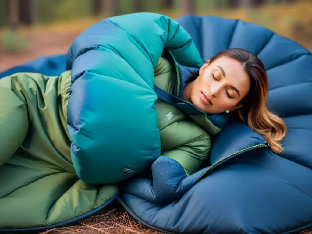 Detalle ultramoderno de un saco de dormir innovador, con tecnología de vanguardia en tonos verdes y azules