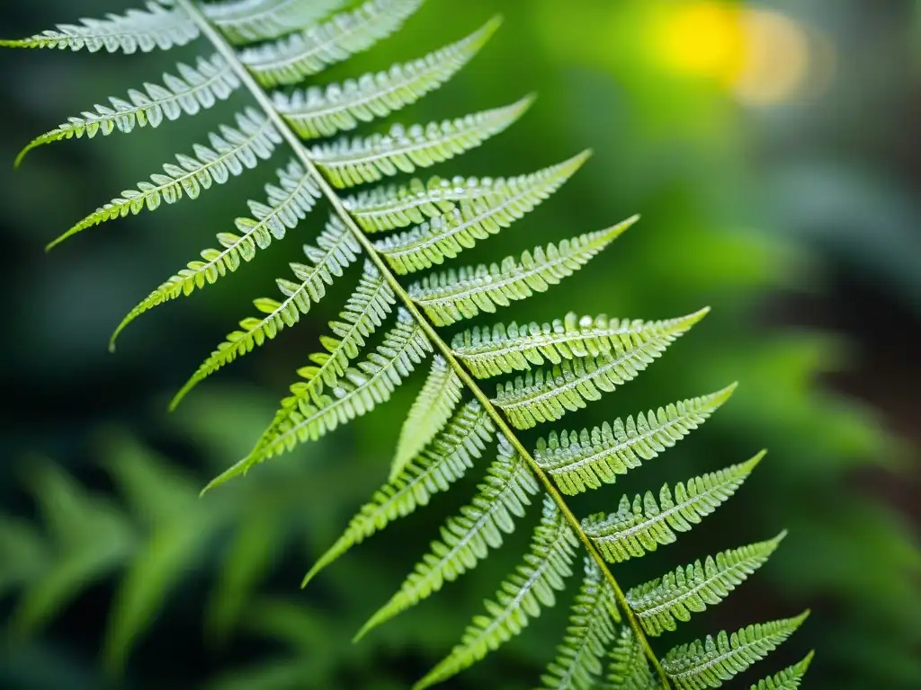 Detalle de helecho verde con rocío matutino en Uruguay