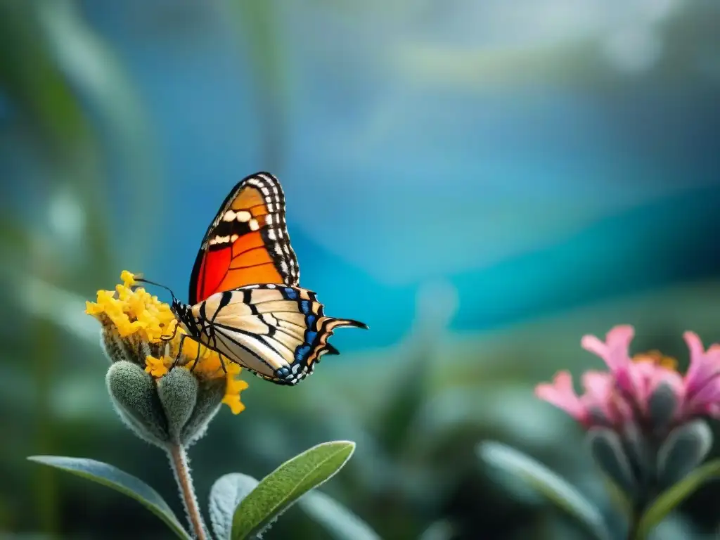 Detalle vibrante: mariposa colorida polinizando flor nativa en ecosistema uruguayo