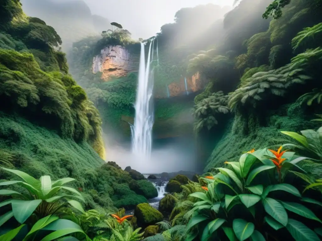 Detalle vibrante de la exuberante selva uruguaya con diversa flora y fauna