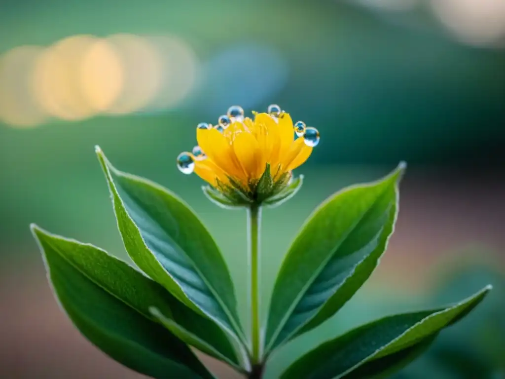 Detalle vibrante de flor nativa uruguaya con rocío matutino, resaltando la belleza y biodiversidad de los campos de Uruguay