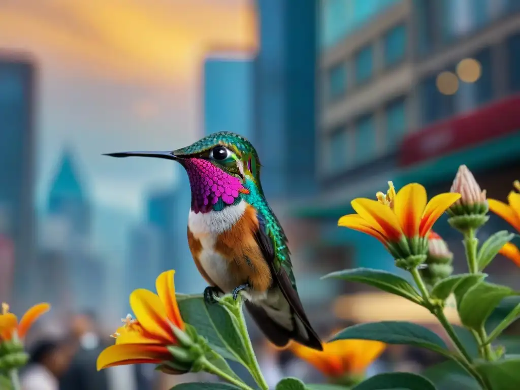 Detalle vibrante: colibrí en flor urbana, fusionando naturaleza y ciudad