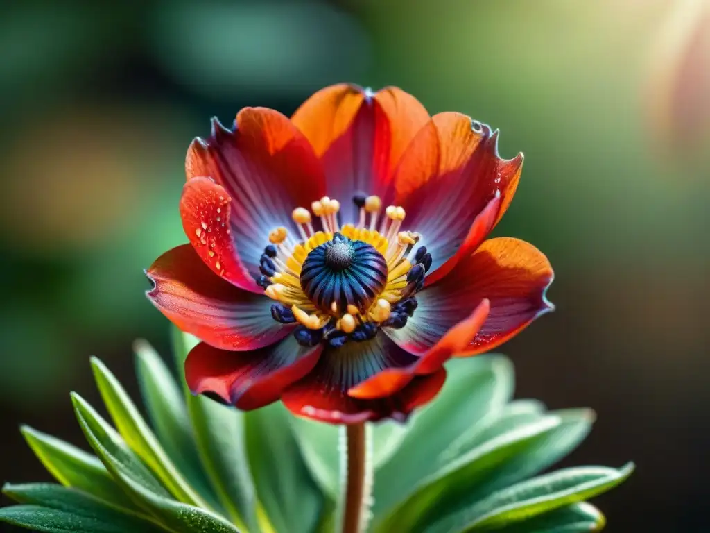 Detalle vibrante de una flor Anemone uruguayensis roja en un bosque verde de Uruguay