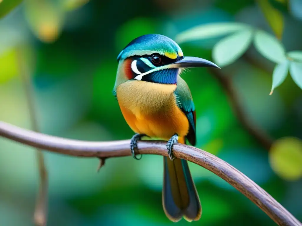 Detalle de un vibrante Motmot Coroniamarillo en un sendero de observación de aves en Uruguay